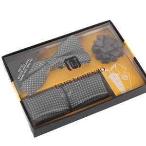 Pretied grey bowtie, matching hanky and lapel pin